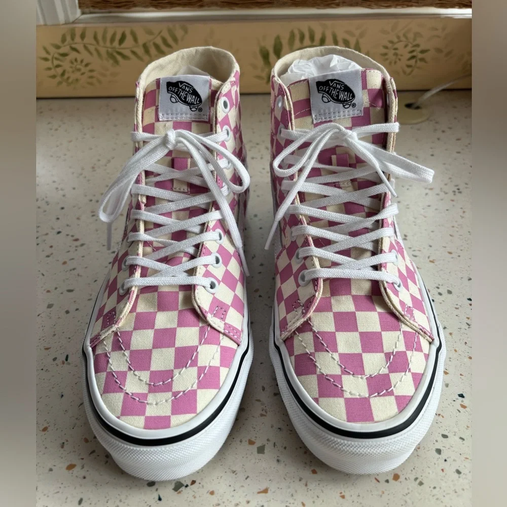 Vans Pink & Cream Checkerboard High Top Sneakers - Picture 10 of 15